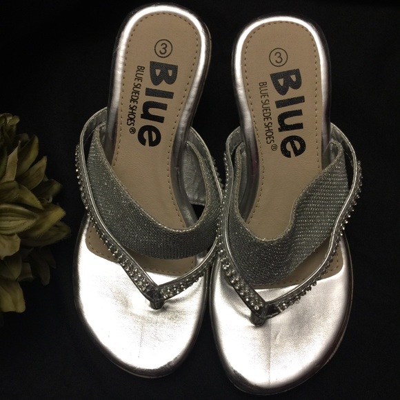 Blue, Blue Suede Shoes-Silver Wedge‎ Sandals-Size:3 - Picture 1 of 7